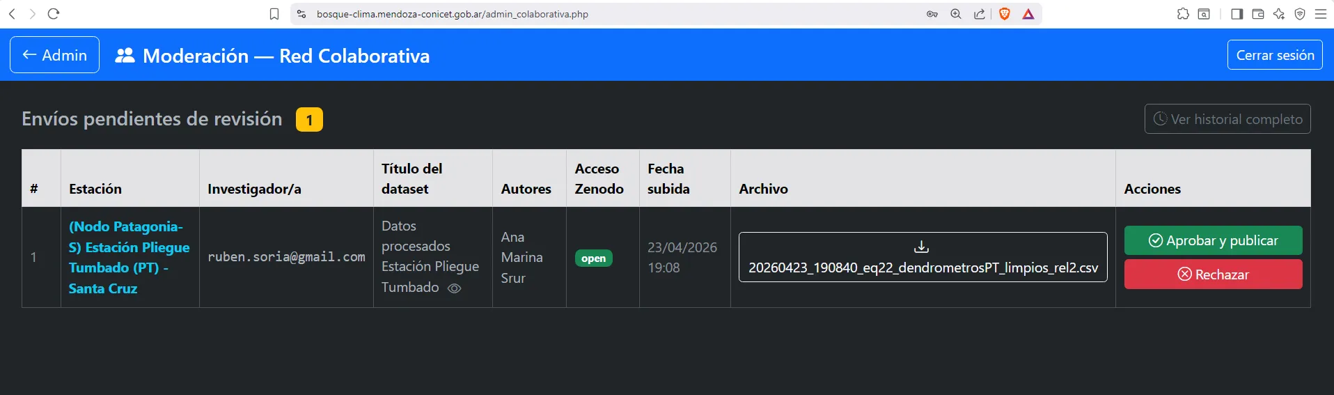Panel de curaduría y validación de datos procesados